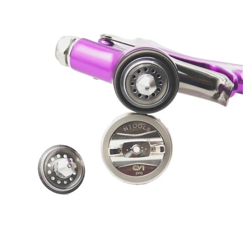 Nail That Sweet Factory Finish With This Top Shelf Air Powered Paint Spray Gun featuring 1.3mm and 1.5mm tips, purple finish, and dual nozzle assembly.