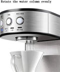 Kickstart Your Daily Grind With This Smart Automatic Coffee Maker Featuring Precise Temp Control Warm Base and Brushed Stainless Steel Body brewing coffee up close.