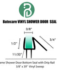 Diagram of Pro Grade Frameless Shower Door Bottom Seal Strip For Glass Doors Clear Vinyl Seal Sweep Fits Three Eighths Inch Thick Glass Thirty Nine Inches Long No Fuss Install Leak Proof Protection with measurements.