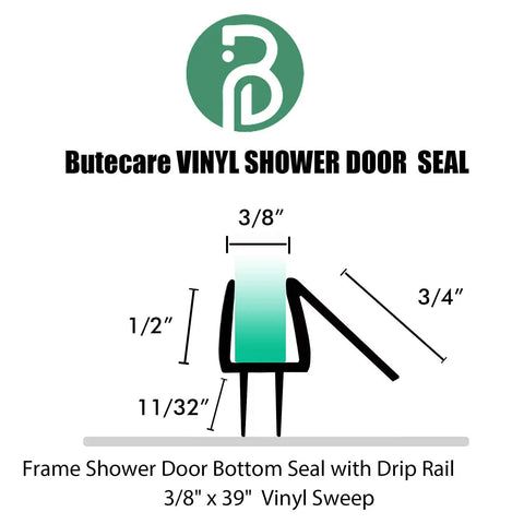 Diagram of Pro Grade Frameless Shower Door Bottom Seal Strip For Glass Doors Clear Vinyl Seal Sweep Fits Three Eighths Inch Thick Glass Thirty Nine Inches Long No Fuss Install Leak Proof Protection with measurements.
