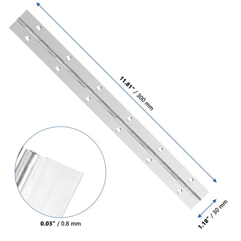 Top Shelf 12 Inch Stainless Steel Piano Hinges For Furniture With Smooth Operator Action And No Fuss Screw Installs Heavy Duty Continuous Door Hardware Built Like A Tank Total Shop Upgrade showing 300x30x0.8 mm hinge with countersunk holes.