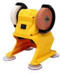 Compact cordless bench grinder with 5500Rpm motor showing coarse and fine wheels for tool sharpening and polishing.