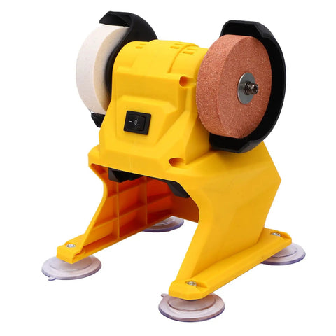 Compact cordless bench grinder with 5500Rpm motor showing coarse and fine wheels for tool sharpening and polishing.