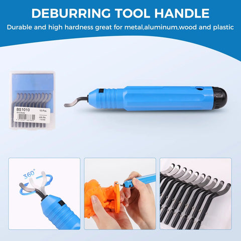 Front view of blue deburring tool with curved blade and blade set in case, Sovol 3D printer tools kit