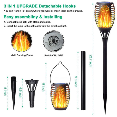 8 Pack Solar Torch Lights With Flickering Flame That Looks Lit, showing 3in1 design with detachable hooks and ground stake, 22.7 inch height