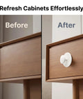 Hassle Free No Drill Cabinet Handles And Peel And Stick Knobs In Matte White for effortless updates, showing before and after on a cabinet.