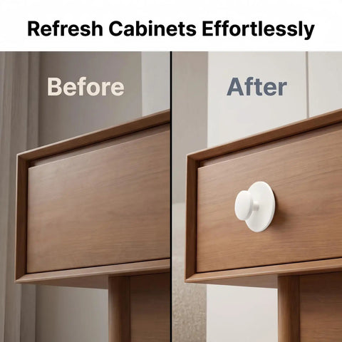 Hassle Free No Drill Cabinet Handles And Peel And Stick Knobs In Matte White for effortless updates, showing before and after on a cabinet.