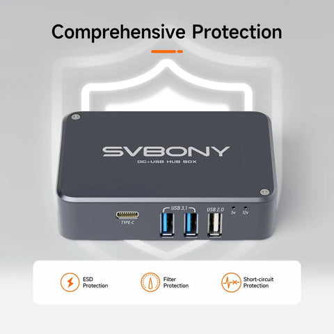 SVBONY Outdoor Telescope Power Hub With Micro DC And USB Type C Ports Ideal For Astrophotography, showcasing ports and protection features.