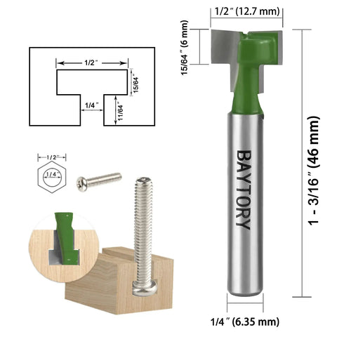 Keyhole Router Bits Set for Wood With One Quarter Inch Shank, Blade Diameters Five Sixteenths, Three Eighths and One Half Inch, Ideal for Long T Slots and Keyhole Holes for Hanging Frames, Shelves, Mirrors, Cabinets, Green