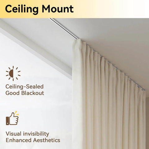 Ceiling Curtain Track For Room Divider, Aluminum Ceiling Mount Rail Set With Roller Hooks, White Finish, installed with curtains