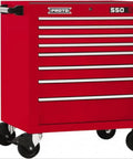 Kickass 34 Inch Heavy Duty Roller Cabinet Housing Eight Spacious Locking Drawers With Smooth Gliding Casters And Bulletproof Steel Construction In Vibrant Red, close-up view of drawers.
