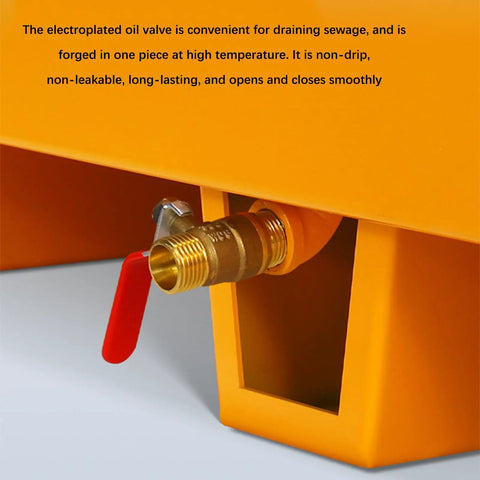 Close-up of drain valve on Yellow Beefy Industrial Spill Containment Pallet With Drain On Wheels For Oil Drums And Washing Machines Heavy Duty 65X Leakproof Tray For Safe Drip Control And Storage In Workshops.