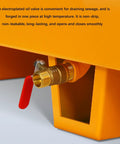 Close-up of valve on Heavy Duty Spill Containment Pallet On Wheels Yellow Leakproof Drain Tray for Oil Drums and Washing Machines.
