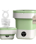 Road Ready Foldable Mini Washing Machine, 20 Liter Capacity, in Matte Green with hose and basket for easy portability.