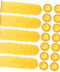 100 Pack Anti Static Latex Finger Covers For Joint Support And Blister Shield Heavy Duty finger guards laid out, yellow, 6.5 x 2.5 cm for crafting.