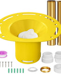 Built Tough Freestanding Bathtub Drain Kit With No Sweat Rough-In Setup, yellow funnel and gold pipes in a set.