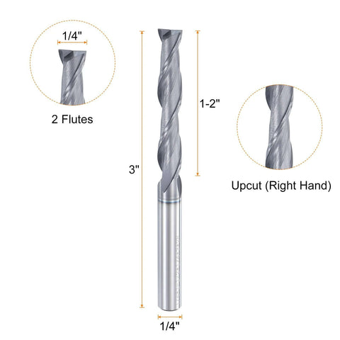 HARFINGTON 1/4in spiral router bit, up-cut, 2-flute solid carbide, 1/4in shank, AlTiN coated, 1-1/2in cut length