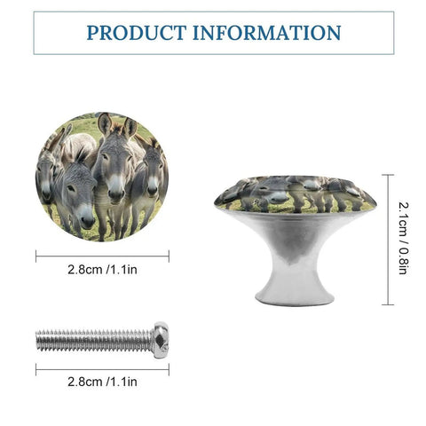 Two Pack Donkey Themed Cabinet Knobs Set With Stainless Steel And Aluminum Alloy Drawer Pulls, showing dimensions and screw