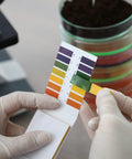 Hands using PH Test Strips 5.4 To 7.0 Four Pack With 320 Indicator Papers Litmus Tester For Water Food Soil Alkaline And Acid Testing Highly Accurate 0.4 PH Great For Home Chefs Gardeners Labs And Aquariums Quick On The Spot PH Readouts near soil sample.