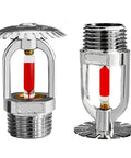 Hardcore Upright Fire Sprinkler Heads 5 Pack Real Brass Chrome Coating 68 Degree Burst Rating 3/4 Inch Pipe Thread shown with red glass bulb.