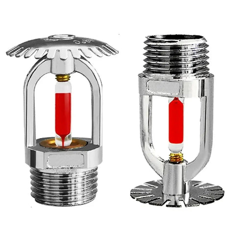 Hardcore Upright Fire Sprinkler Heads 5 Pack Real Brass Chrome Coating 68 Degree Burst Rating 3/4 Inch Pipe Thread shown with red glass bulb.