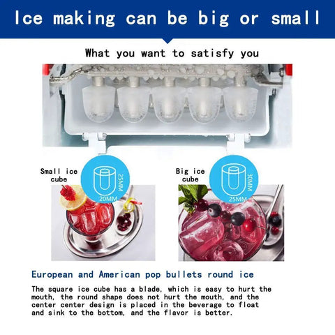 Compact Countertop Ice Maker Machine Sporting A Sleek Stainless Steel Build Effortlessly Dispenses Crystal Clear Ice Cubes 220V Powered Hassle Free Setup Prime For Home Bars And Modern Kitchens 15kg Daily Yield ice cube sizes shown.