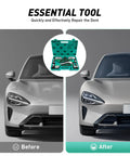 Auto Body Dent Repair Kit With Dolly And Hammer Set, Carbon Steel Fender Tools, before and after car dent repair results shown.
