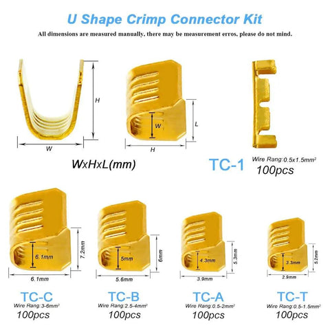 Diagram of 500 Pcs U Shape Copper Ring Terminals Crimp Kit Non Insulated Assortment with 6 spade sizes for quick wire hookups.