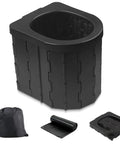 Elongated Portable Toilet For Camping And Travel Home Like Comfort Sturdy Camp Commode For Adults shown with accessories