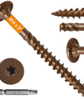 Badass Heavy Duty Wood Structural Lag Screws 14 Gauge By 3 Inch 54 Piece Kit showing #14x3" screws and precision Torx drive bit.