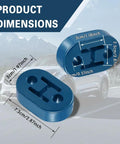 Two blue rubber exhaust hangers with dimensions labeled, 4 Pack Rubber Exhaust Hanger Set For Cars Trucks And SUVs