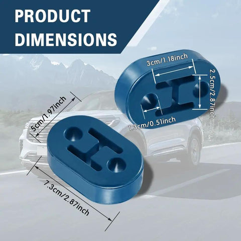 Two blue rubber exhaust hangers with dimensions labeled, 4 Pack Rubber Exhaust Hanger Set For Cars Trucks And SUVs