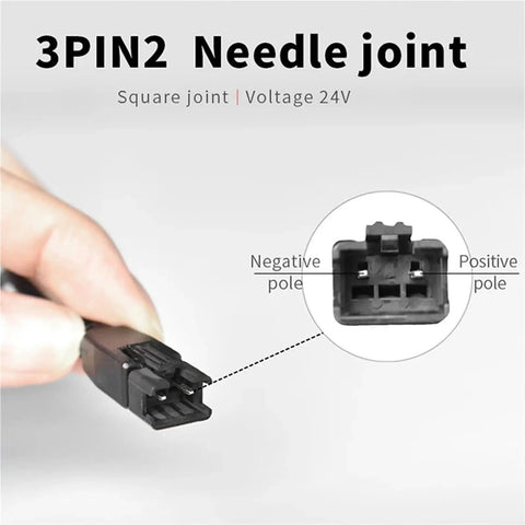 3PIN2 Needle joint connector showing positive and negative poles, designed for 24V applications.