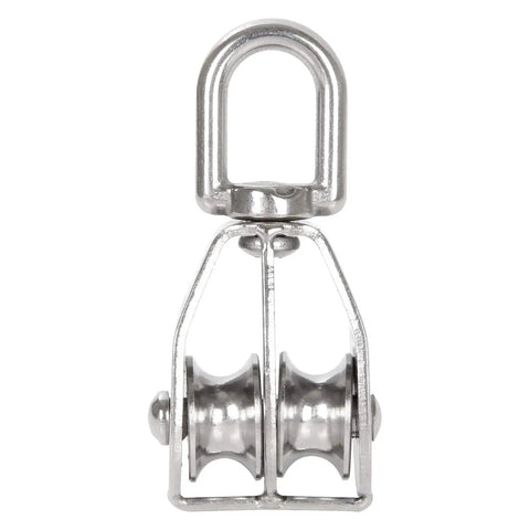 Front view of M20 Lifting Double Pulley Block Set Stainless Steel Beefy Heavy Duty Crane Swivel Hook With Double Pulley Roller