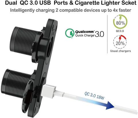 Golf Cart Cigarette Lighter Outlet With Quick Charge 3.0 USB Charger Waterproof 12V Input Power Socket, dual USB ports