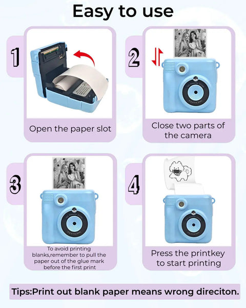12 Pack BPA Free Instant Print Paper Refills For Kids Cameras, showing easy paper loading steps for a blue thermal camera