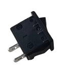 2 Pin 2 Position Rocker Switch R19A, 6A 250VAC T105/55, Dope Long-Life Mechanism, Easy Plug and Play Install, Solid Reliable DIY Electronics Switch for Power Panels, Home Projects, and More. black 2-pin rocker switch side view with metal terminals