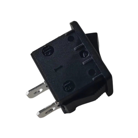 2 Pin 2 Position Rocker Switch R19A, 6A 250VAC T105/55, Dope Long-Life Mechanism, Easy Plug and Play Install, Solid Reliable DIY Electronics Switch for Power Panels, Home Projects, and More. black 2-pin rocker switch side view with metal terminals