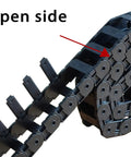 Close-up of the open side of a Two Piece Open Type Drag Chain Cable Carrier For CNC Router Mill And 3D Printer 39.3 Inch Length Black Nylon PA66 Wire