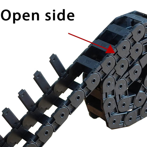 Close-up of the open side of a Two Piece Open Type Drag Chain Cable Carrier For CNC Router Mill And 3D Printer 39.3 Inch Length Black Nylon PA66 Wire