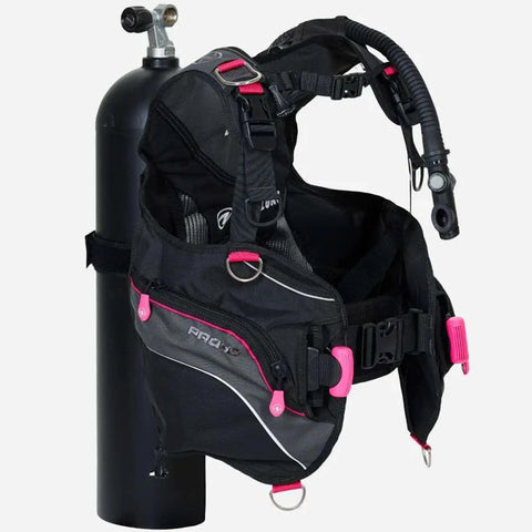 Pro HD Dive BCD For Women With SURELOCK II Weight Release System, Audible Click And Quick Weight Drop shown attached to tank