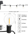 Diagram of 100 ft Solar Outdoor String Lights with LED bulbs, E12 base, 50 sockets, waterproof remote control, dimmable, 4 modes.