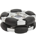 60mm aluminium alloy omni wheel with 10 rubber rollers, front-angle close-up view
