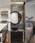 IllumaTech Dimmer Switch application in kitchen, bathroom, and bedroom settings with modern decor.