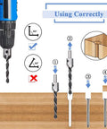 Front view of Mesee 7-piece HSS countersink drill bit set (3–10 mm) for woodworking with drill.