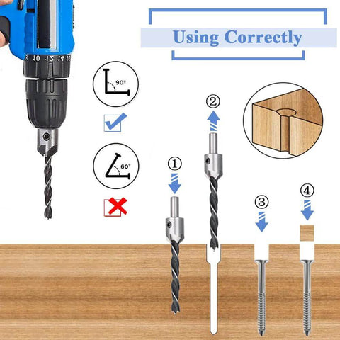 Front view of Mesee 7-piece HSS countersink drill bit set (3–10 mm) for woodworking with drill.