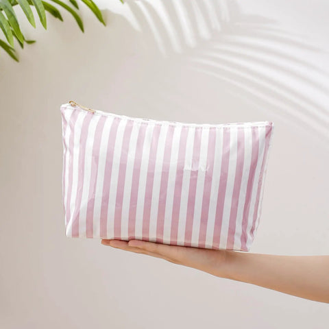 Large PVC Waterproof Striped Makeup Bag Travel Organizer Zipper Pouch For Women And Girls Clear Coated Cosmetic Bag Easy