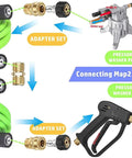 Front view of pressure washer adapter set with brass M22 1/4-inch quick-connect fittings, spray gun, and green hose