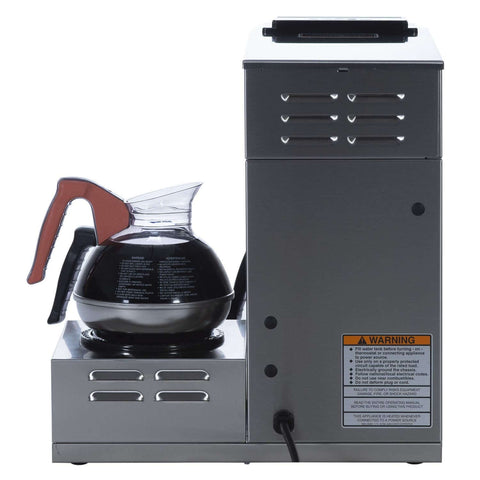 Side view of Low Profile 12 Cup Pourover Commercial Coffee Maker With 3 Lower Warmers Silver Finish A Real Workhorse For Cafes Or Busy Offices