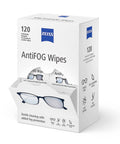 ZEISS AntiFOG Wipes box, 120 count, front view; white package with blue ZEISS logo and glasses illustration.